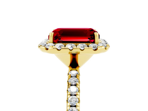 Yellow gold Emerald Cut Cut Diamond Floral Halo Engagement Ring with Pavé Band and Prong Setting_5