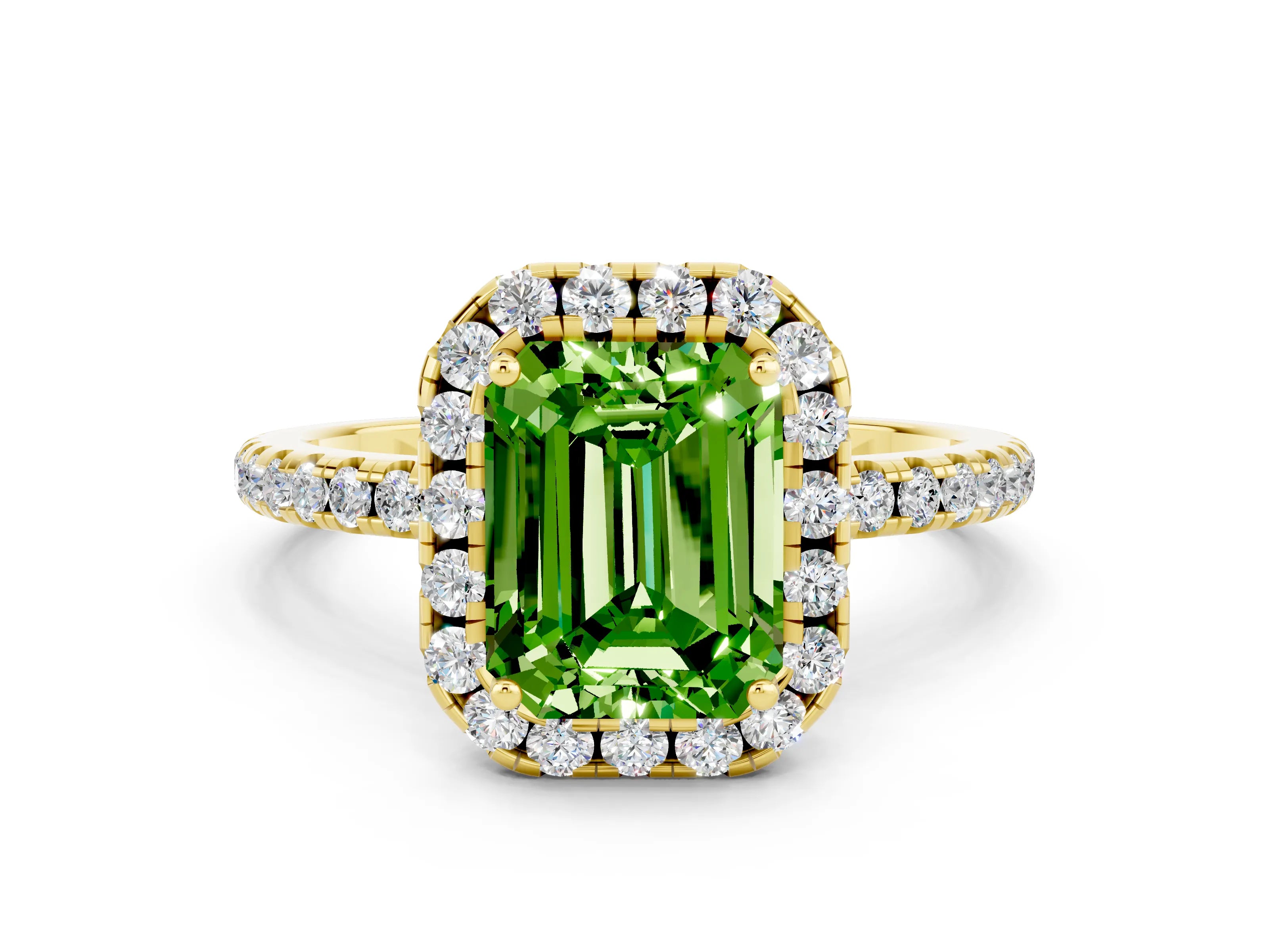 Yellow gold Emerald Cut Cut Diamond Floral Halo Engagement Ring with Pavé Band and Prong Setting