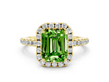 Yellow gold Emerald Cut Cut Diamond Floral Halo Engagement Ring with Pavé Band and Prong Setting