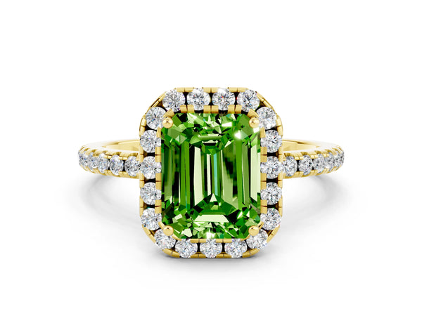 Yellow gold Emerald Cut Cut Diamond Floral Halo Engagement Ring with Pavé Band and Prong Setting