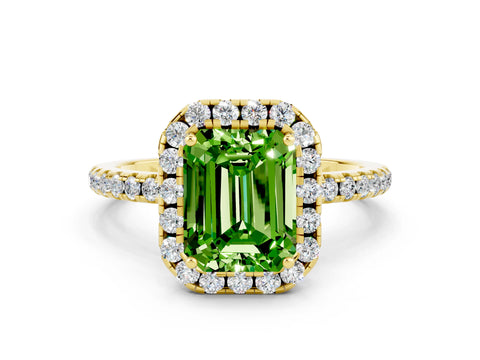 Yellow gold Emerald Cut Cut Diamond Floral Halo Engagement Ring with Pavé Band and Prong Setting