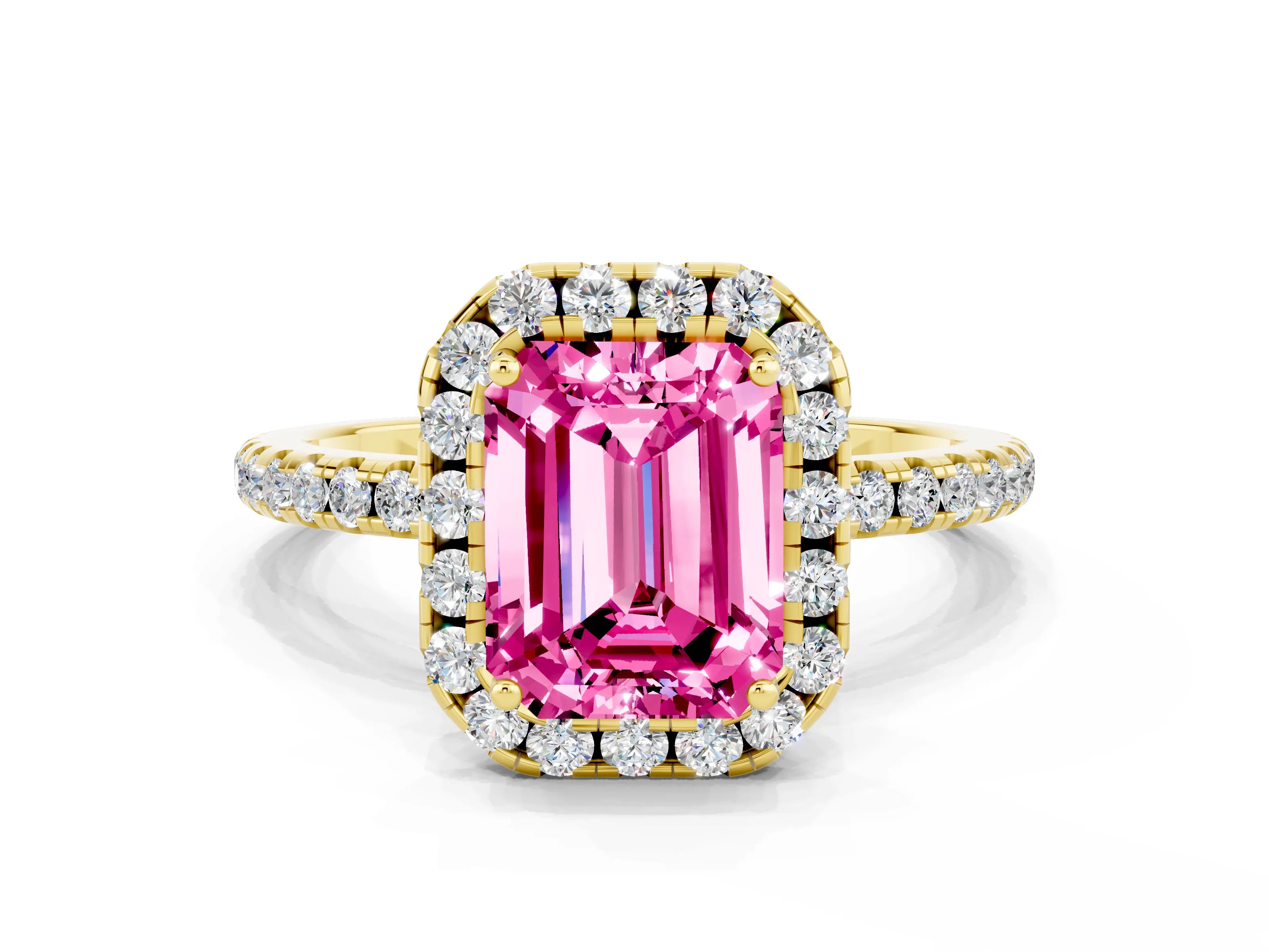 Yellow gold Emerald Cut Cut Diamond Floral Halo Engagement Ring with Pavé Band and Prong Setting