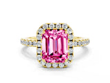 Yellow gold Emerald Cut Cut Diamond Floral Halo Engagement Ring with Pavé Band and Prong Setting