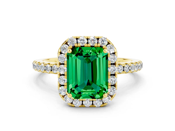 Yellow gold Emerald Cut Emerald Halo Engagement Ring with Round Pavé Band and Prong Setting