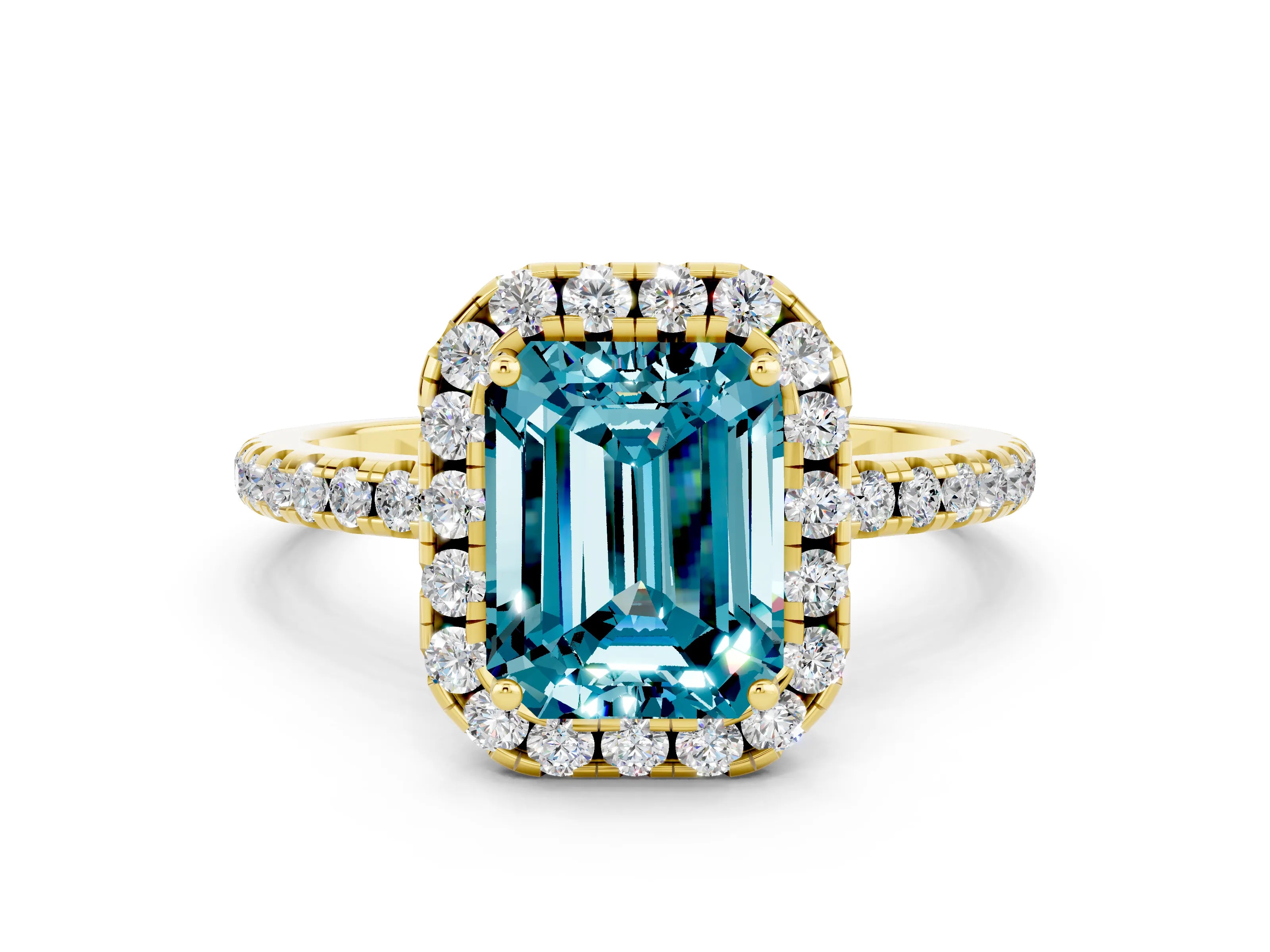 Yellow gold Emerald Cut Cut Diamond Floral Halo Engagement Ring with Pavé Band and Prong Setting