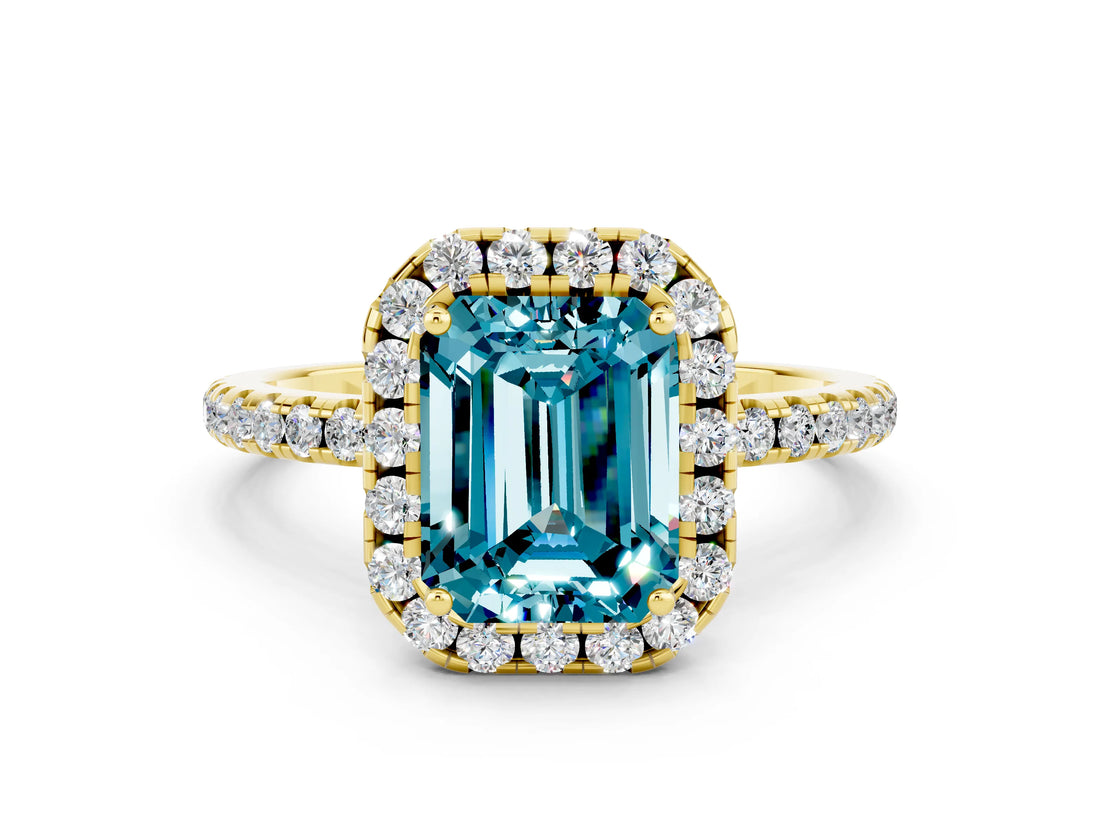 Yellow gold Emerald Cut Cut Diamond Floral Halo Engagement Ring with Pavé Band and Prong Setting
