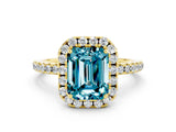 Yellow gold Emerald Cut Cut Diamond Floral Halo Engagement Ring with Pavé Band and Prong Setting