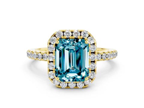 Yellow gold Emerald Cut Cut Diamond Floral Halo Engagement Ring with Pavé Band and Prong Setting