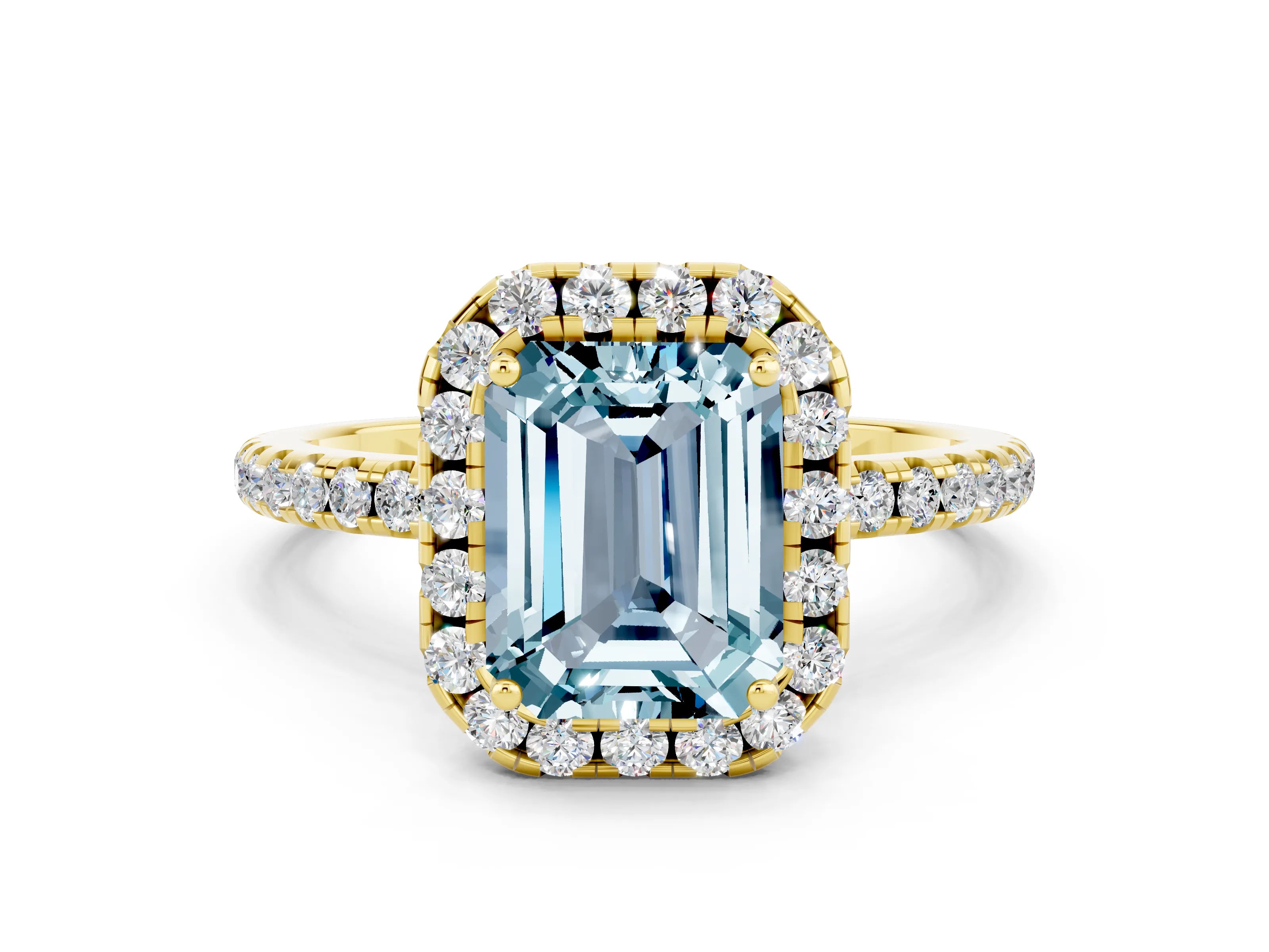 Yellow gold Emerald Cut Cut Diamond Floral Halo Engagement Ring with Pavé Band and Prong Setting