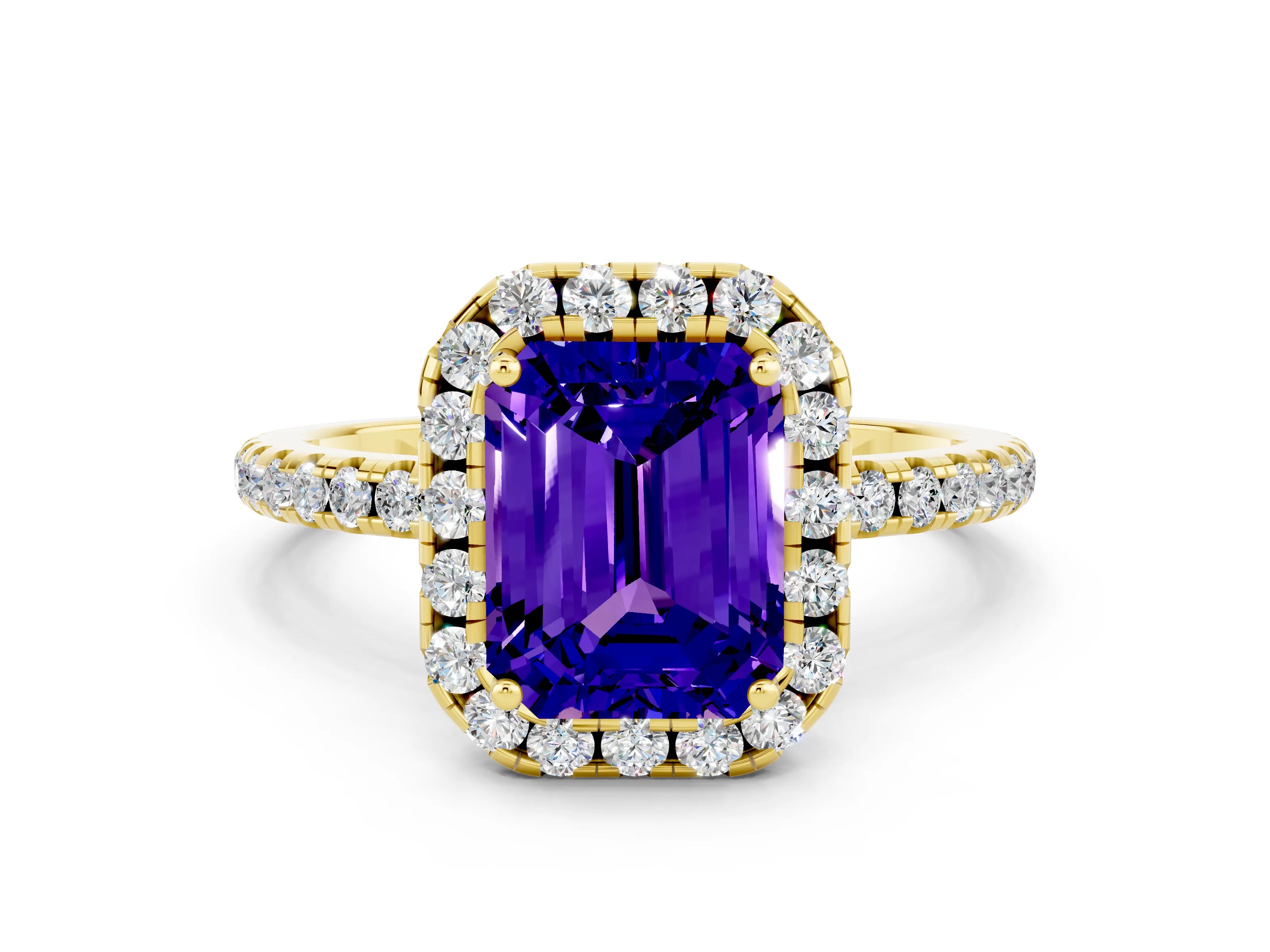 Yellow gold Emerald Cut Cut Diamond Floral Halo Engagement Ring with Pavé Band and Prong Setting