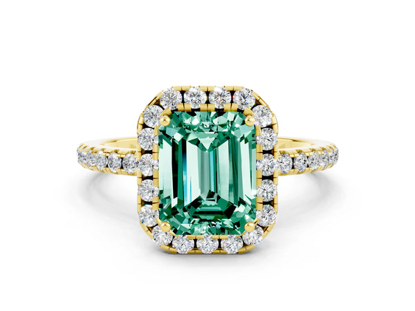 Yellow gold Emerald Cut Green Sapphire Halo Engagement Ring with Round Pavé Band and Prong Setting