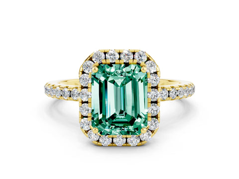 Yellow gold Emerald Cut Cut Diamond Floral Halo Engagement Ring with Pavé Band and Prong Setting
