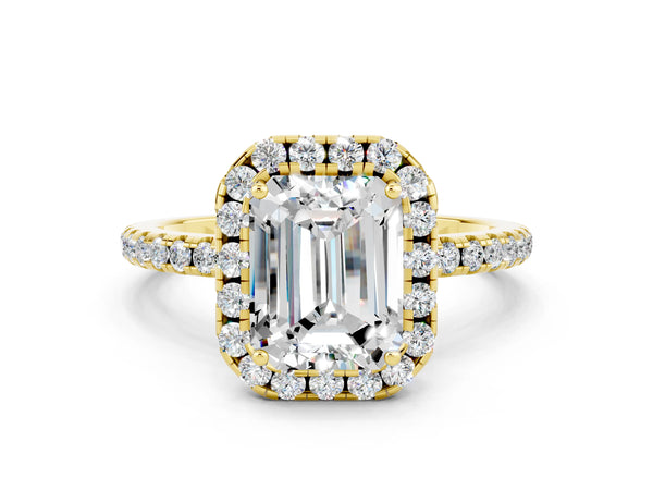 Yellow gold Emerald Cut Moissanite Halo Engagement Ring with Round Pavé Band and Prong Setting