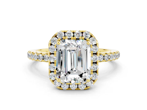 Yellow gold Emerald Cut Cut Diamond Floral Halo Engagement Ring with Pavé Band and Prong Setting