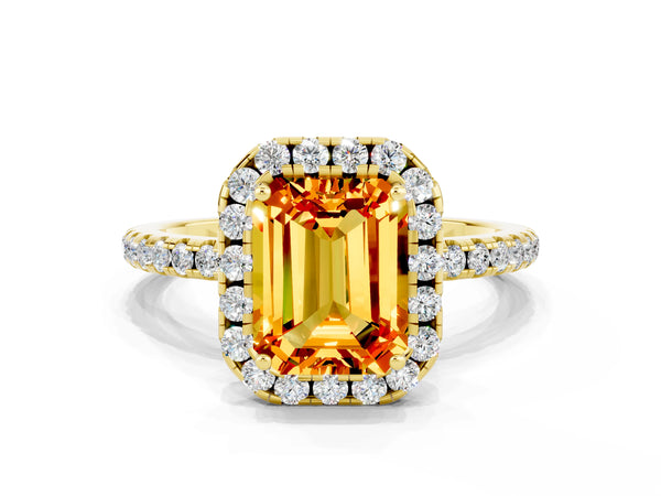Yellow gold Emerald Cut Citrine Halo Engagement Ring with Round Pavé Band and Prong Setting