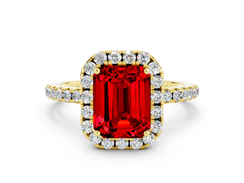 Yellow gold Emerald Cut Cut Diamond Floral Halo Engagement Ring with Pavé Band and Prong Setting