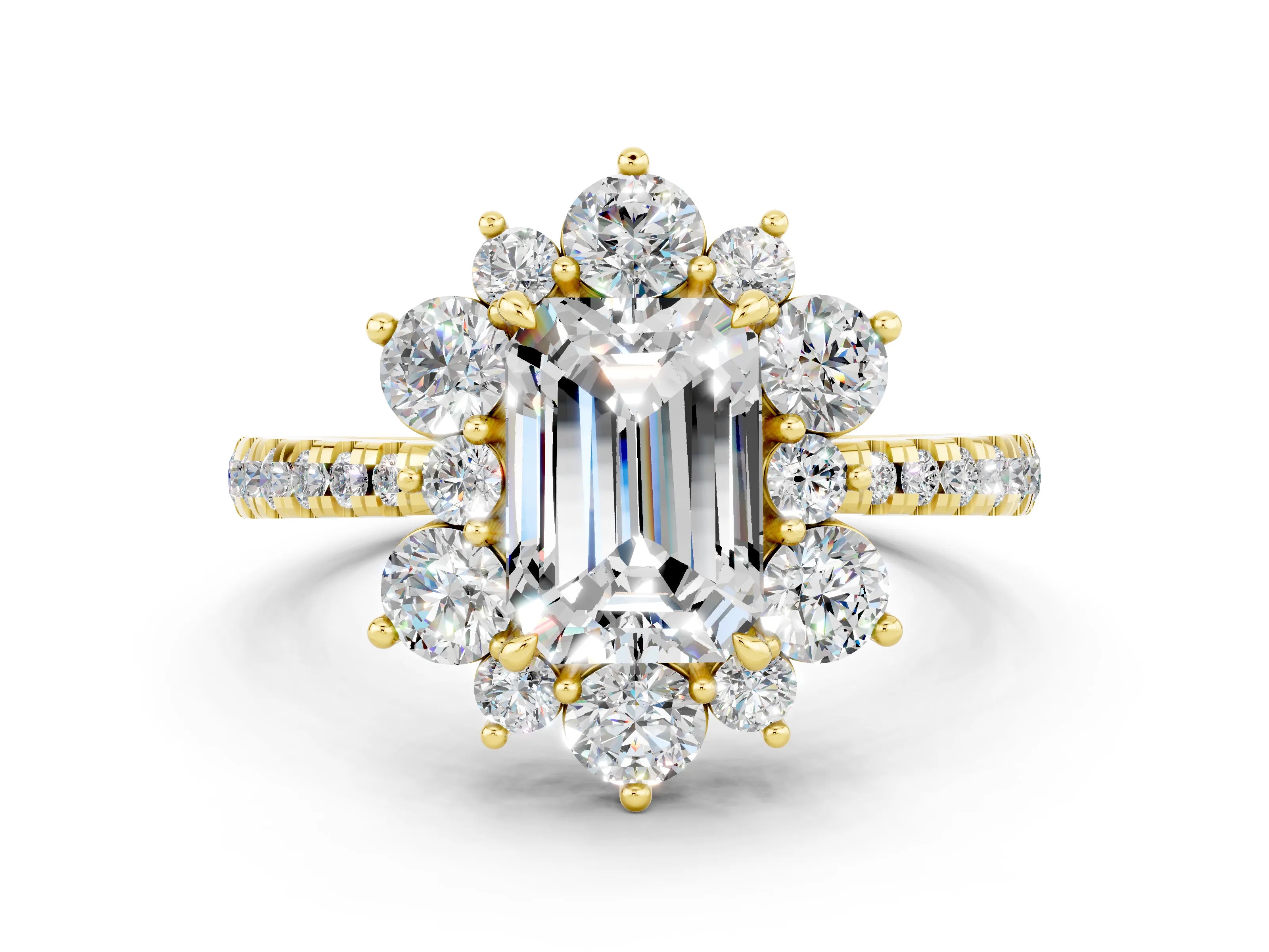 Yellow gold Emerald Cut Cut Diamond Floral Halo Pave Band with Prong Setting