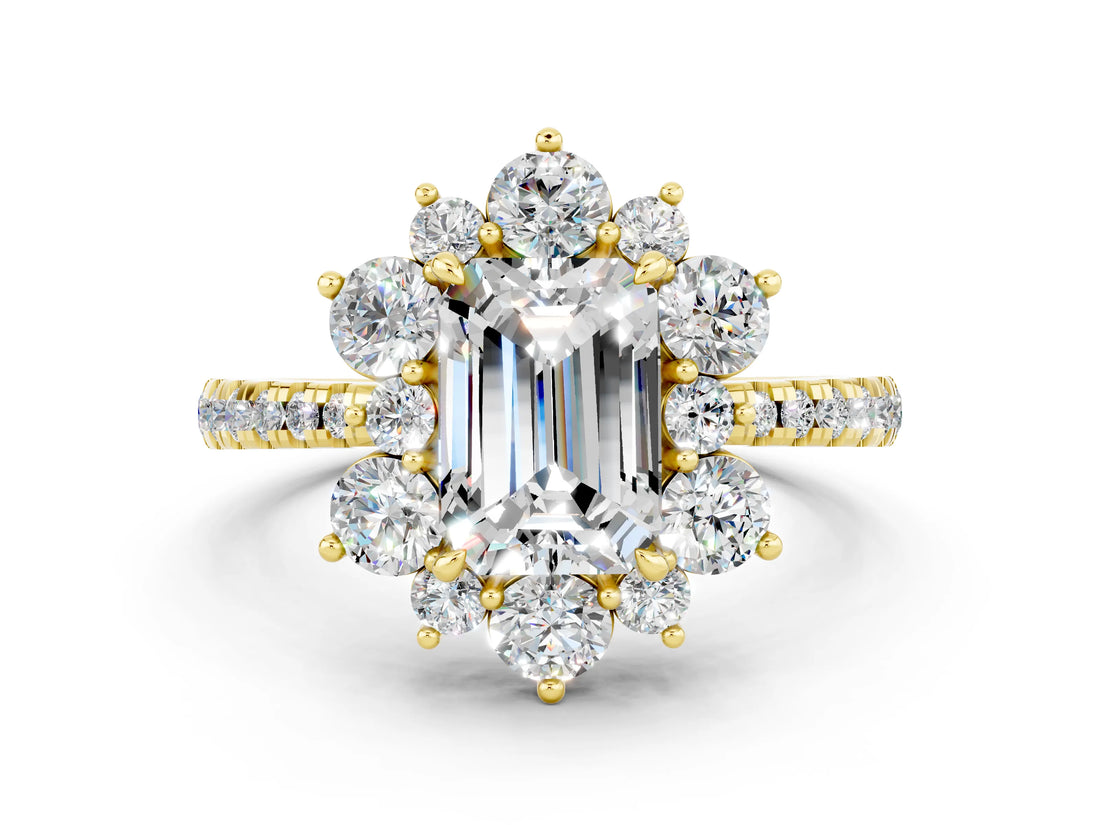 Yellow gold Emerald Cut Cut Diamond Floral Halo Pave Band with Prong Setting