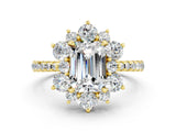 Yellow gold Emerald Cut Cut Diamond Floral Halo Pave Band with Prong Setting
