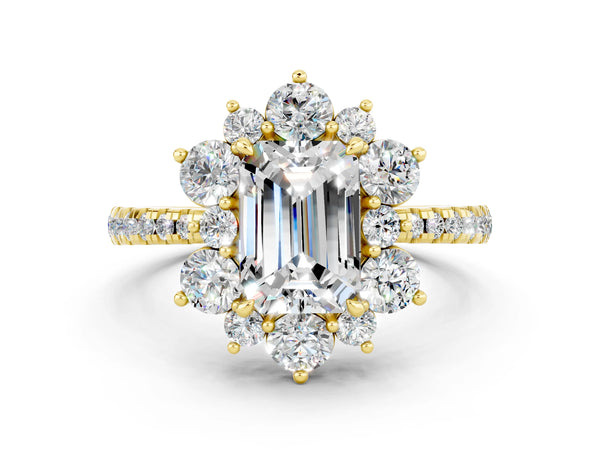 Yellow gold Emerald Cut Moissanite Floral Halo Ring with Round Pavé Band and Prong Setting