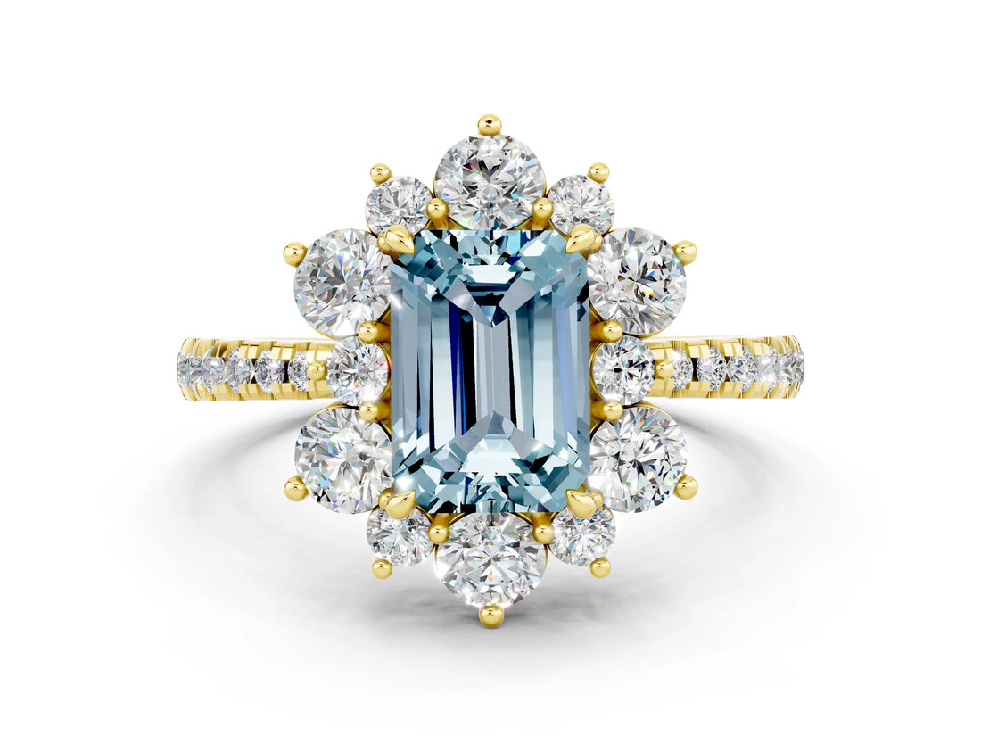 Yellow gold Emerald Cut Cut Diamond Floral Halo Pave Band with Prong Setting