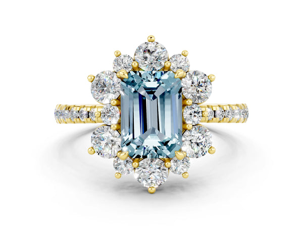 Yellow gold Emerald Cut Aquamarine Floral Halo Ring with Round Pavé Band and Prong Setting