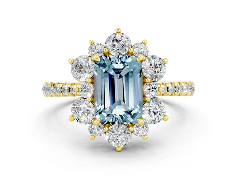 Yellow gold Emerald Cut Cut Diamond Floral Halo Pave Band with Prong Setting