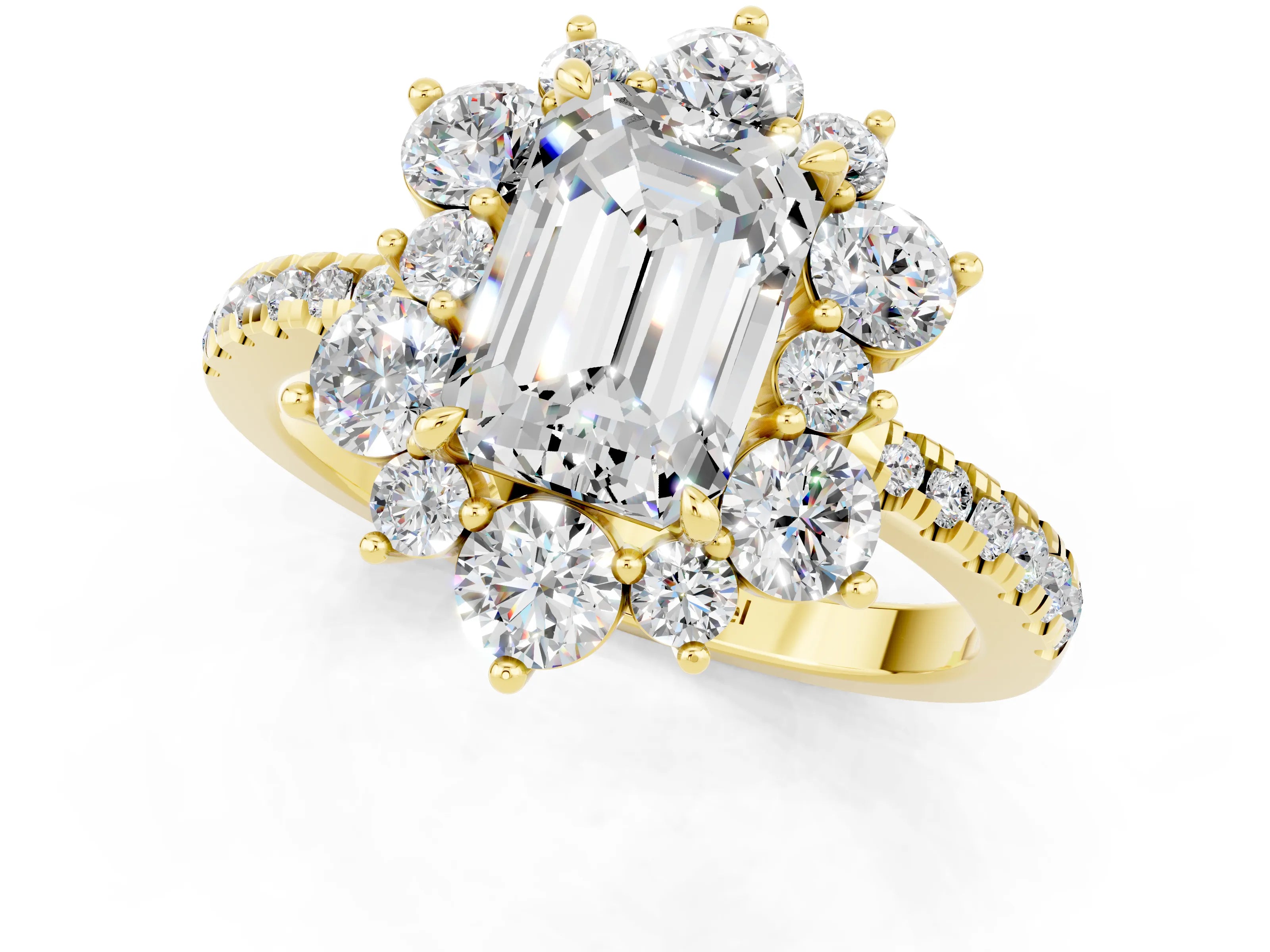 Yellow gold Emerald Cut Cut Diamond Floral Halo Pave Band with Prong Setting_1