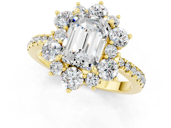 Yellow gold Emerald Cut Moissanite Floral Halo Ring with Round Pavé Band and Prong Setting