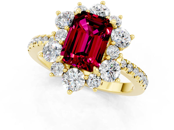 Yellow gold Emerald Cut Garnet Floral Halo Ring with Round Pavé Band and Prong Setting