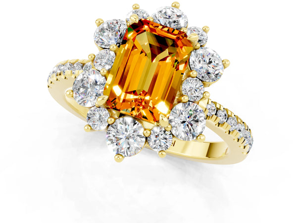 Yellow gold Emerald Cut Citrine Floral Halo Ring with Round Pavé Band and Prong Setting