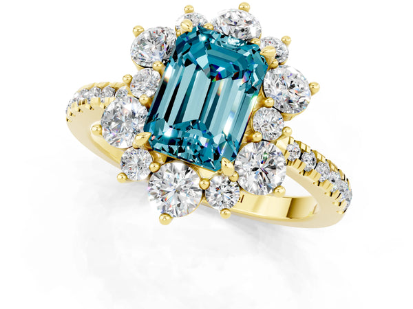 Yellow gold Emerald Cut Cut Diamond Floral Halo Pave Band with Prong Setting