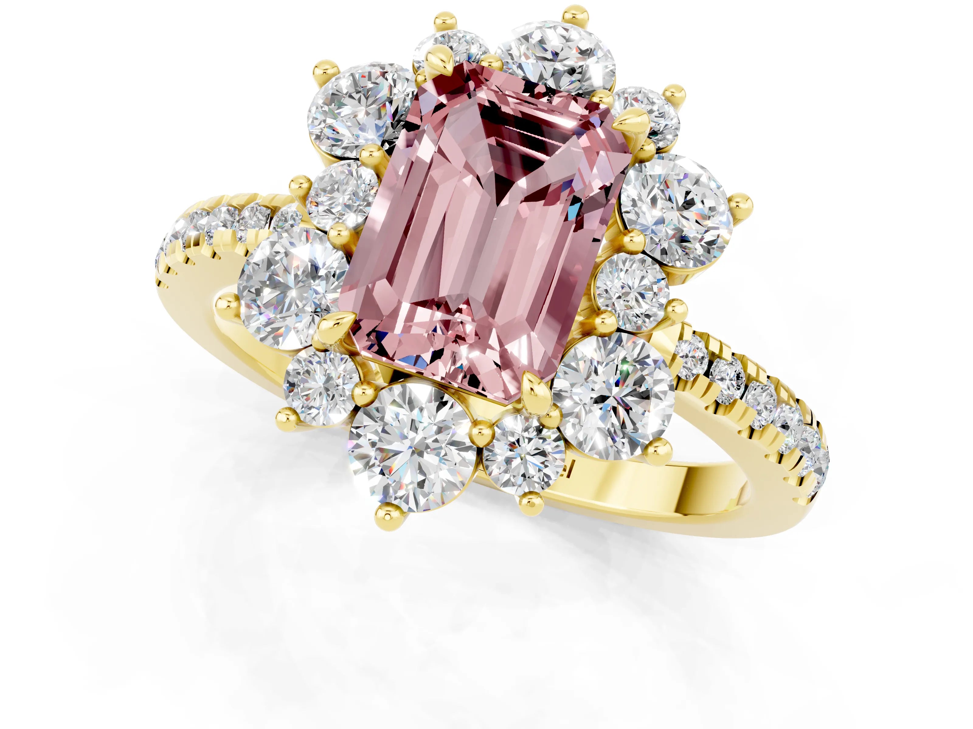 Yellow gold Emerald Cut Cut Diamond Floral Halo Pave Band with Prong Setting_1