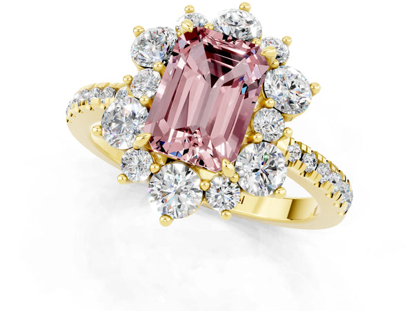 Yellow gold Emerald Cut Cut Diamond Floral Halo Pave Band with Prong Setting