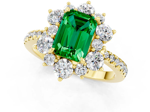 Yellow gold Emerald Cut Emerald Floral Halo Ring with Round Pavé Band and Prong Setting