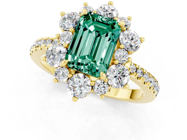 Yellow gold Emerald Cut Green Sapphire Floral Halo Ring with Round Pavé Band and Prong Setting
