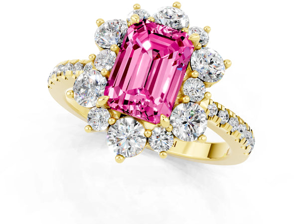 Yellow gold Emerald Cut Pink Sapphire Floral Halo Ring with Round Pavé Band and Prong Setting