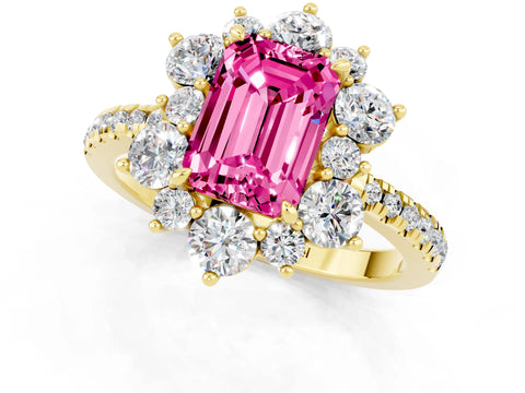 Yellow gold Emerald Cut Cut Diamond Floral Halo Pave Band with Prong Setting_1