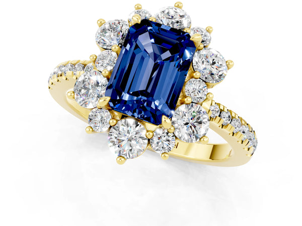 Yellow gold Emerald Cut Blue Sapphire Floral Halo Ring with Round Pavé Band and Prong Setting