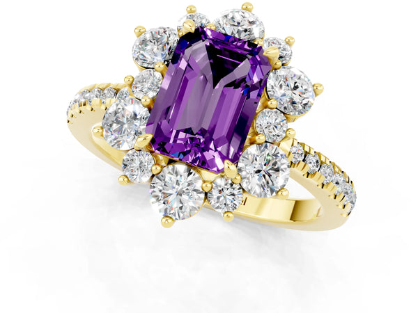 Yellow gold Emerald Cut Amethyst Floral Halo Ring with Round Pavé Band and Prong Setting