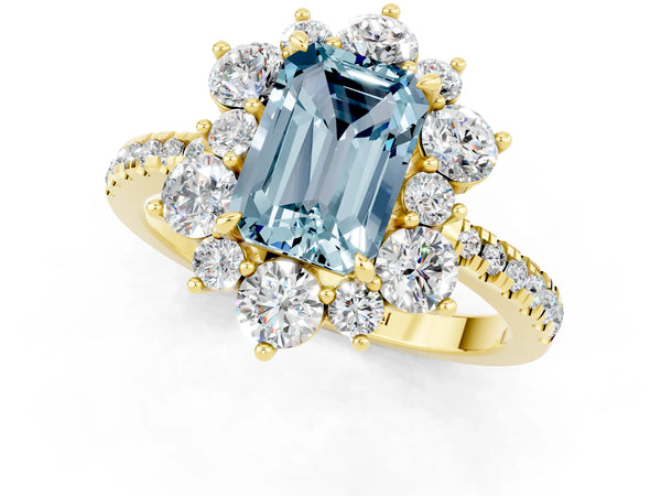 Yellow gold Emerald Cut Aquamarine Floral Halo Ring with Round Pavé Band and Prong Setting