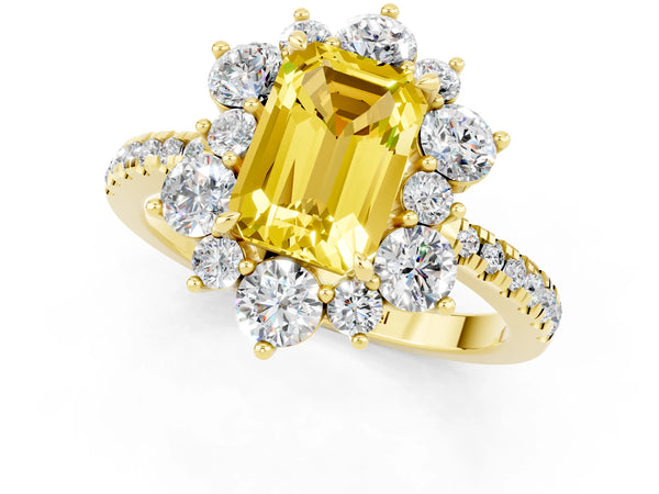 Yellow gold Emerald Cut Yellow Sapphire Floral Halo Ring with Round Pavé Band and Prong Setting
