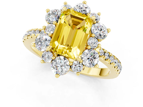 Yellow gold Emerald Cut Cut Diamond Floral Halo Pave Band with Prong Setting_1
