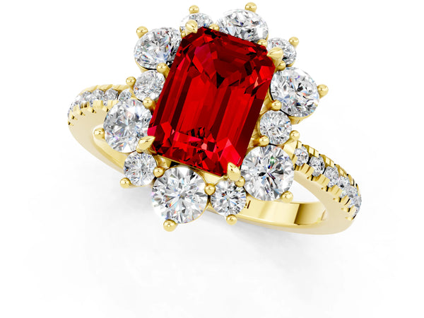 Yellow gold Emerald Cut Ruby Floral Halo Ring with Round Pavé Band and Prong Setting