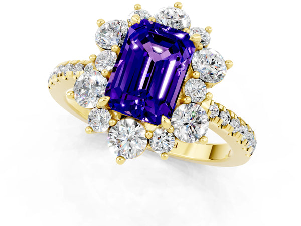Yellow gold Emerald Cut Tanzanite Floral Halo Ring with Round Pavé Band and Prong Setting