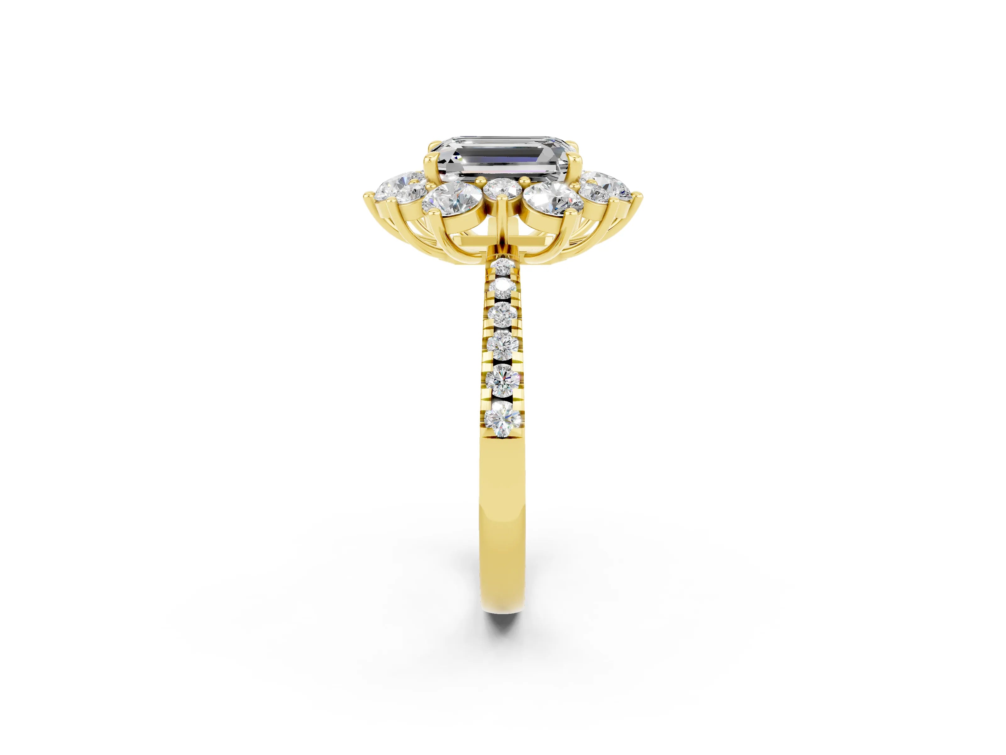Yellow gold Emerald Cut Cut Diamond Floral Halo Pave Band with Prong Setting_2