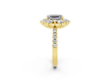 Yellow gold Emerald Cut Cut Diamond Floral Halo Pave Band with Prong Setting_2