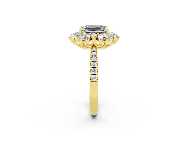 Yellow gold Emerald Cut Moissanite Floral Halo Ring with Round Pavé Band and Prong Setting