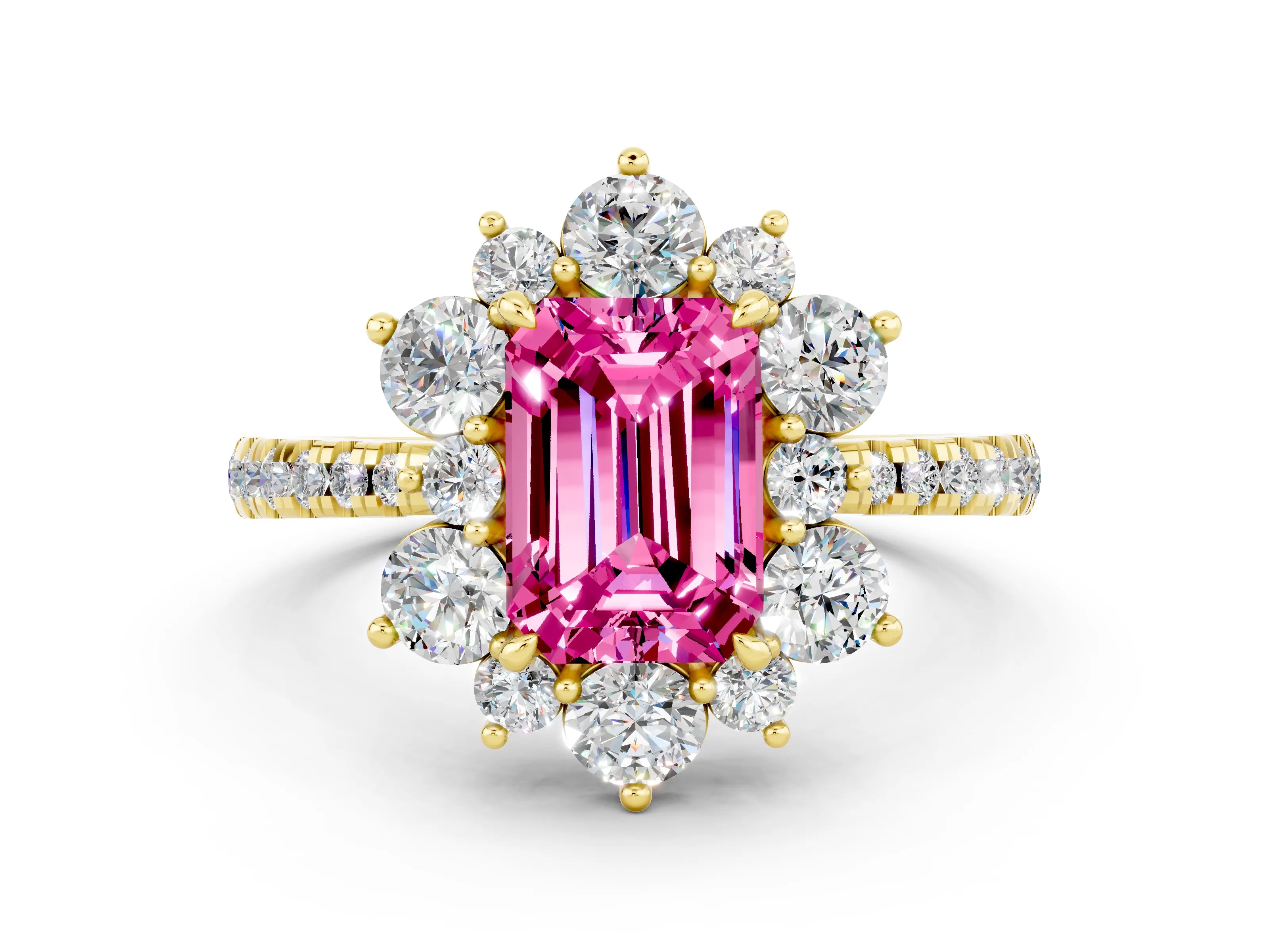 Yellow gold Emerald Cut Cut Diamond Floral Halo Pave Band with Prong Setting