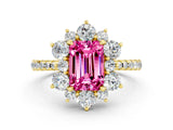 Yellow gold Emerald Cut Cut Diamond Floral Halo Pave Band with Prong Setting